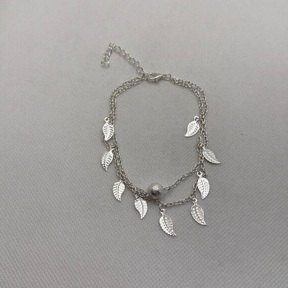 Brand New!! Double chain bracelet, anklet with leaf charms and textured disco ba - Picture 1 of 3